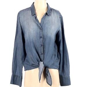 ANTHRO CLOTH & STONE TIE FRONT BLUE CHAMBRAY LYOCELL BUTTON UP LONG SLEEVE TOP